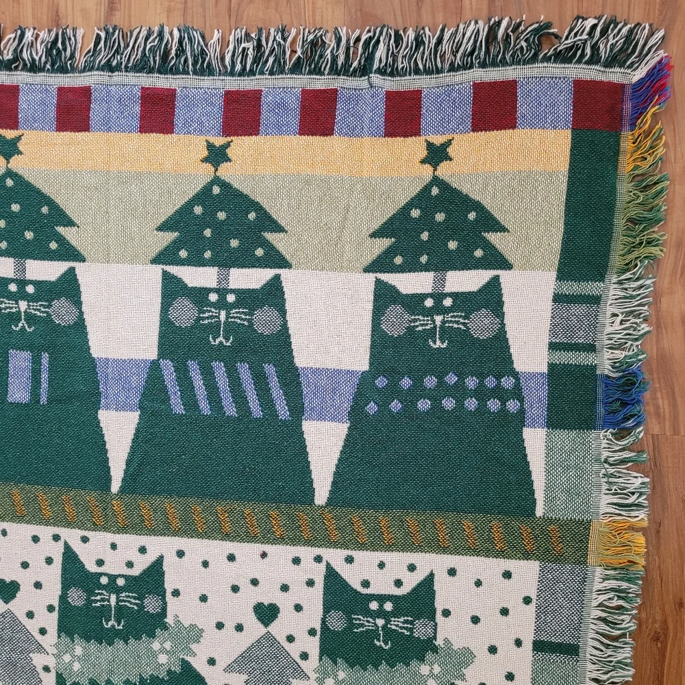 Crown Crafts Throw Blanket Noel Cats Pat Meyers Vintage Christmas Holiday NEW